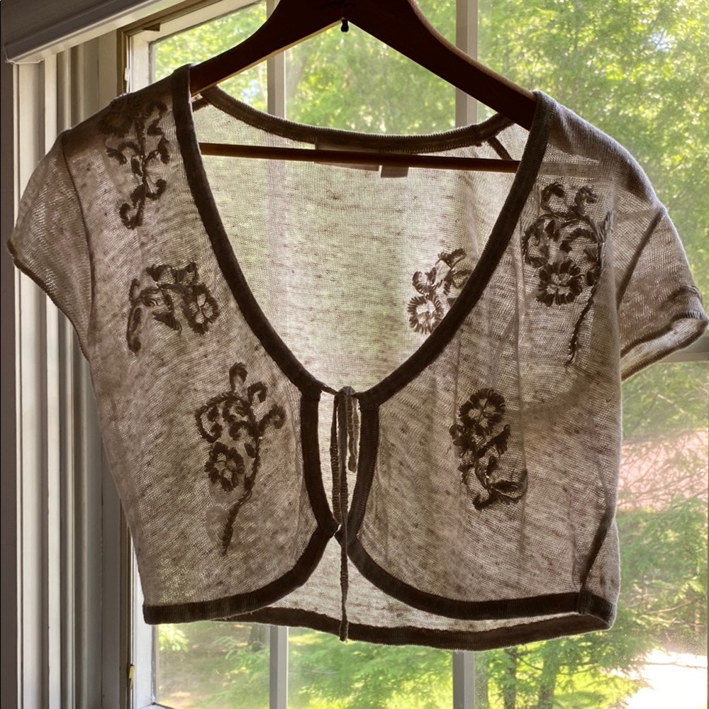 Embroidered Sheer Crop tie blouse in natural linen, size small, whitewash